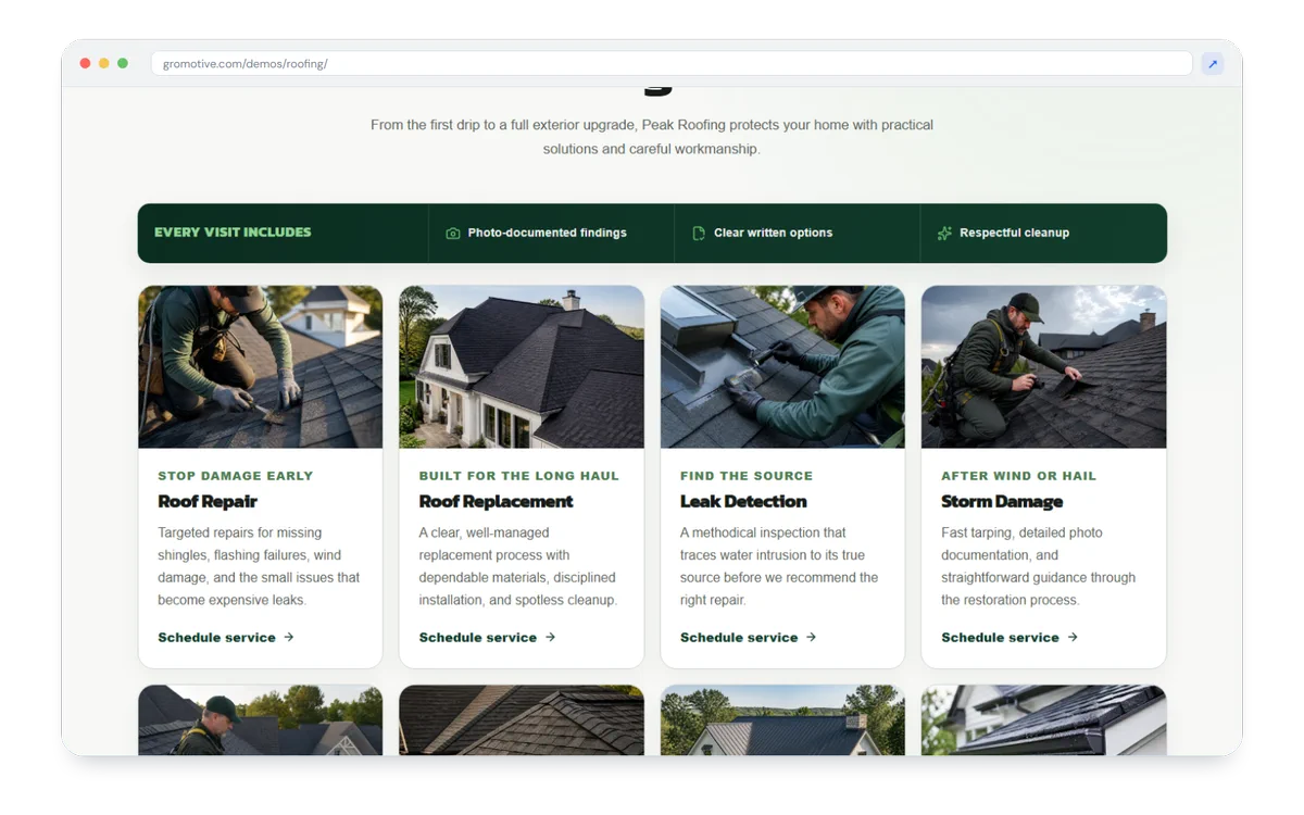 A close tour of contractor service pages, reviews, proof, and estimate paths