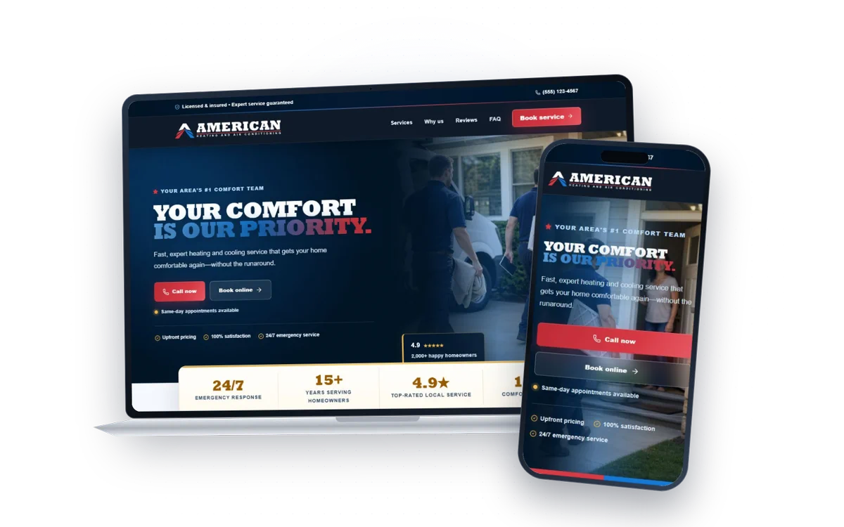 Responsive HVAC, roofing, and pool service website concepts on a laptop and phone