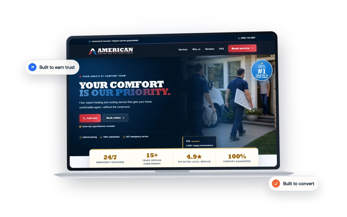 A polished HVAC website presented on a laptop