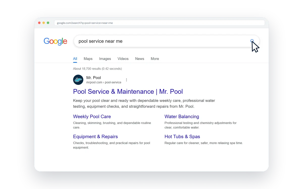 An organic Google result for a local pool service company