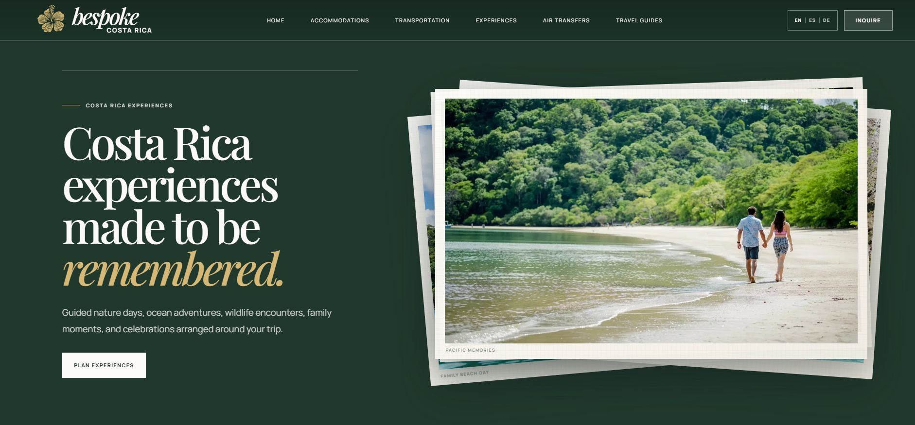 Bespoke Costa Rica experiences page designed by Gromotive